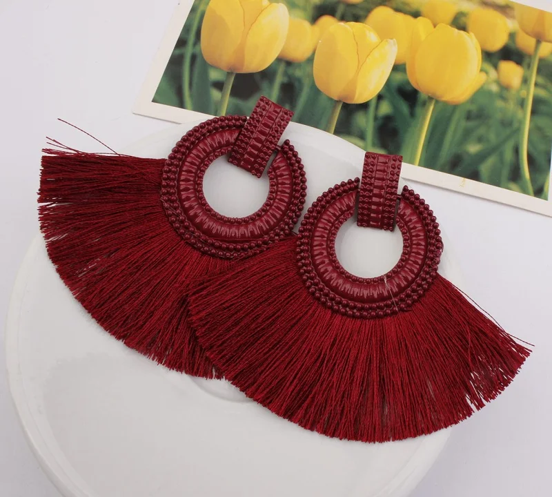 wine red Exknl богемные серьги в виде капель для женщин, серьги с кисточками, большие массивные Винтажные висячие серьги, красные, розовые, черные, синие модные ювелирные изделия - Окраска металла: wine red