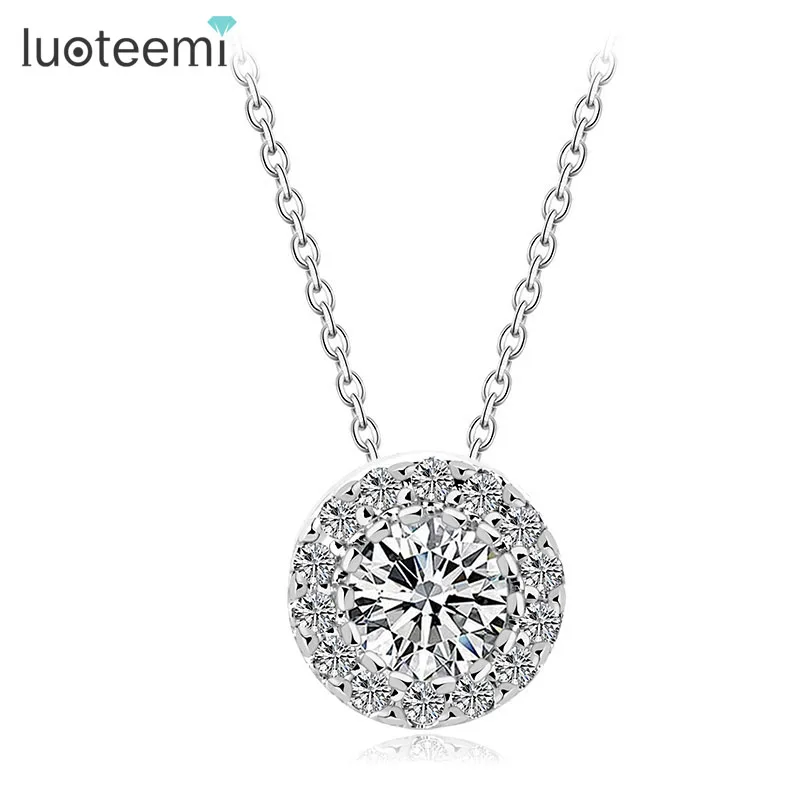 

LUOTEEMI Brand Women Necklace White Gold-Color Round Pendant Necklace With Paved Micro AAA Cubic Zircon Jewelry for Women Party