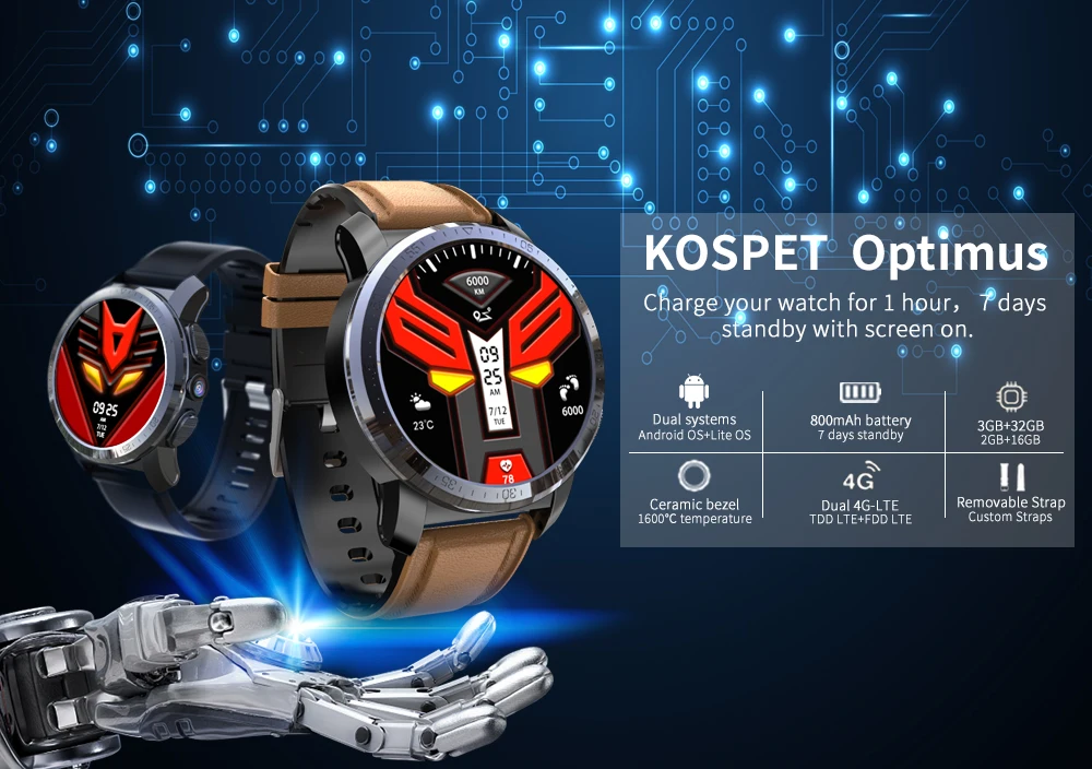 KOSPET Optimus Pro, 3 ГБ, 32 ГБ, 800 мА/ч, батарея, две системы, 4G, смарт-часы, телефон, водонепроницаемые, 8,0 МП, 1,39 дюйма, Android 7.1.1, Смарт-часы для мужчин