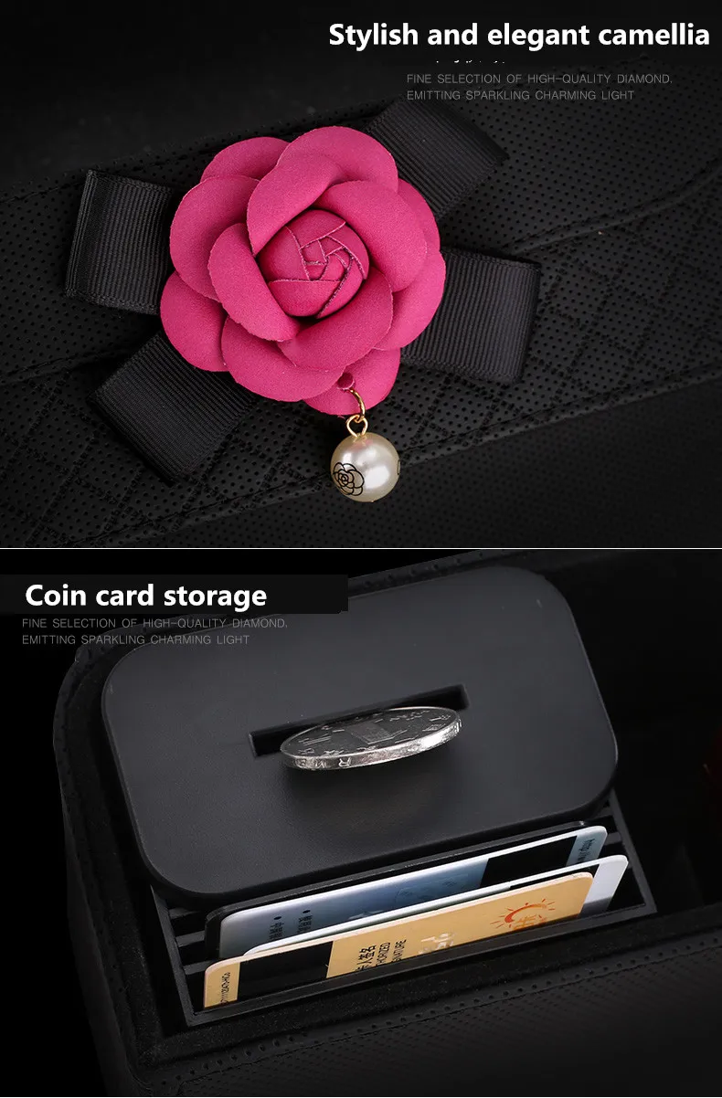 Автомобильное кресло Camellia, щелевая коробка для хранения кожаных клетчатых сидений, органайзер для телефонных карт с цветами и жемчужинами, Автомобильные карманы с зазором, черный цвет