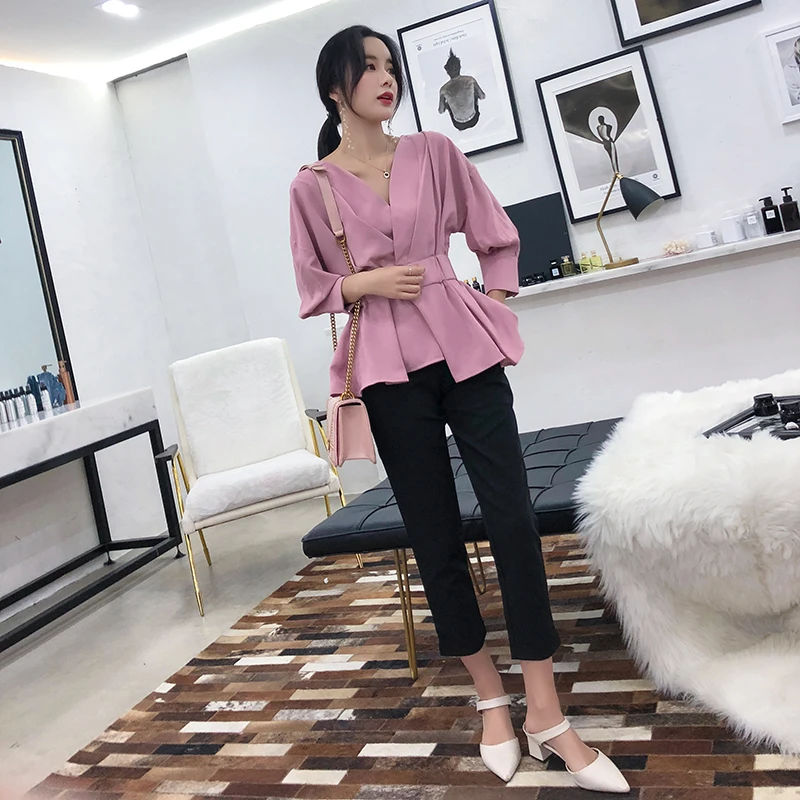 Корейская модная Женская комплект из 2 предметов Топ и штаны элегантные женские