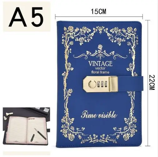 Blue A5, Корейская Ретро записная книжка с паролем и замком, креативные школьные офисные принадлежности, канцелярские принадлежности, личный дневник, журнал, Обложка, планировщик - Цвет: Blue