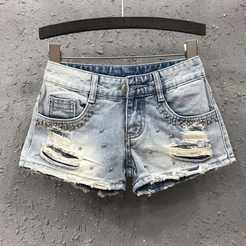 

Summer Casual Womens Female Ripped Hole Rivets Tassel Low Waisted Blue Denim Shorts , Female Woman Washed Beading Jeans Shorts