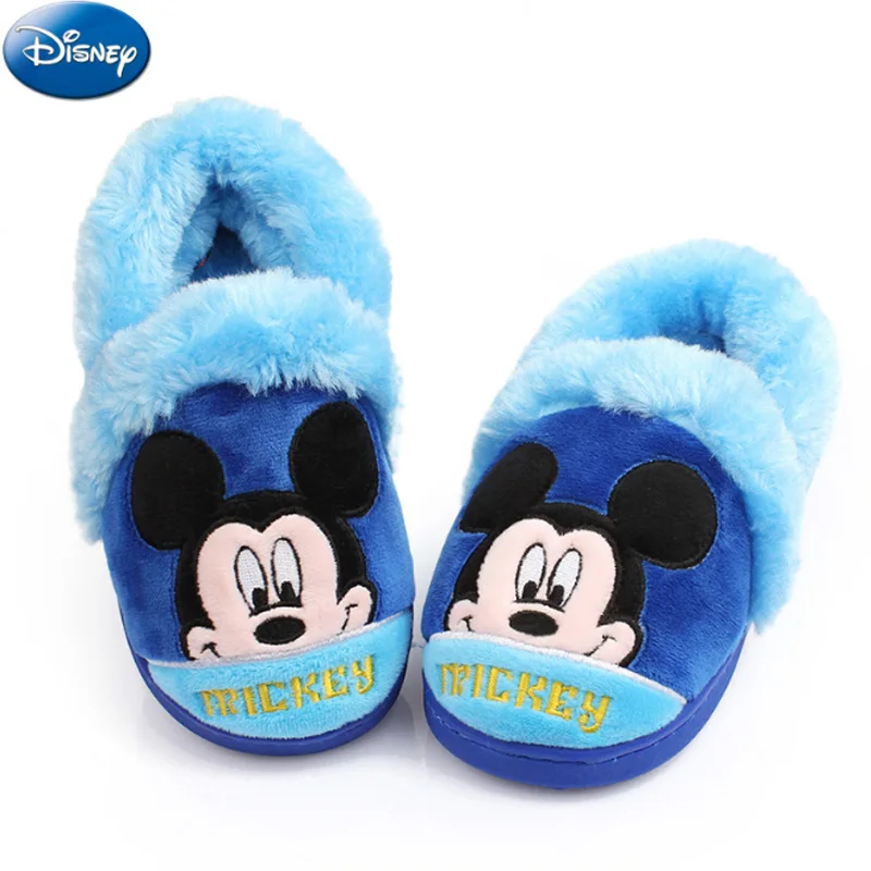 Sky Blue Disney/Детские домашние тапочки для девочек с Минни Маус И Микки; коллекция года; зимняя обувь для мальчиков; плюшевые теплые хлопковые нескользящие домашние тапочки для малышей - Цвет: Sky Blue