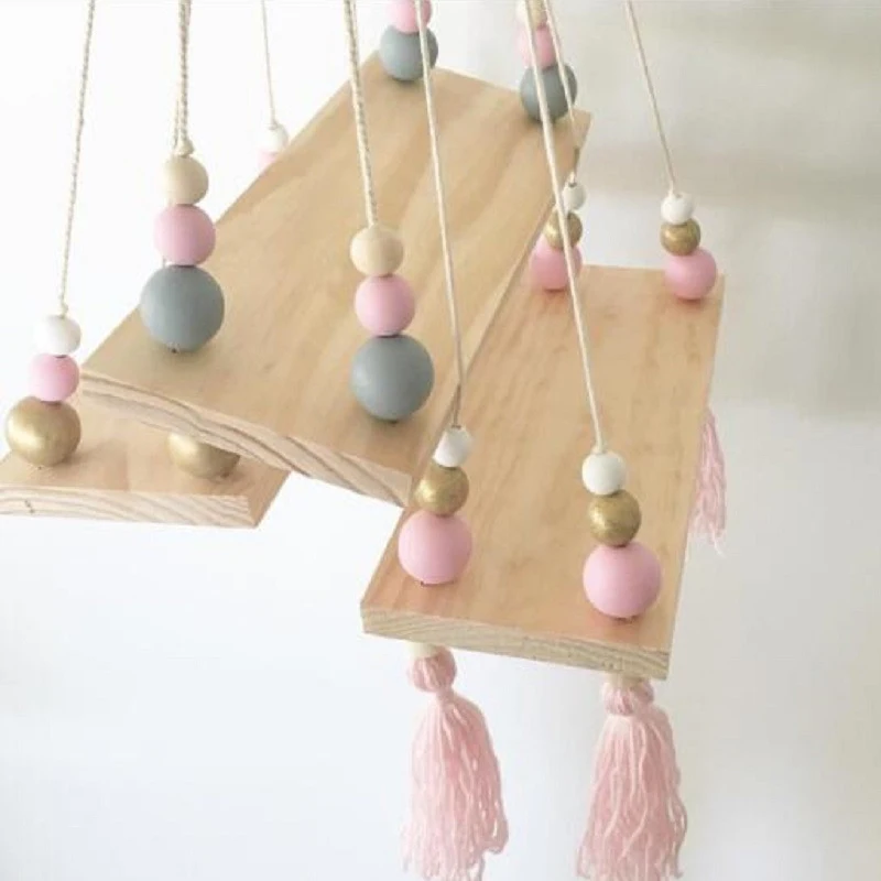 Nordic Home Wall Hanging Wooden Ornaments Beads Board Storage Shelf Kids Room Nursery Decor with Tassels | Дом и сад