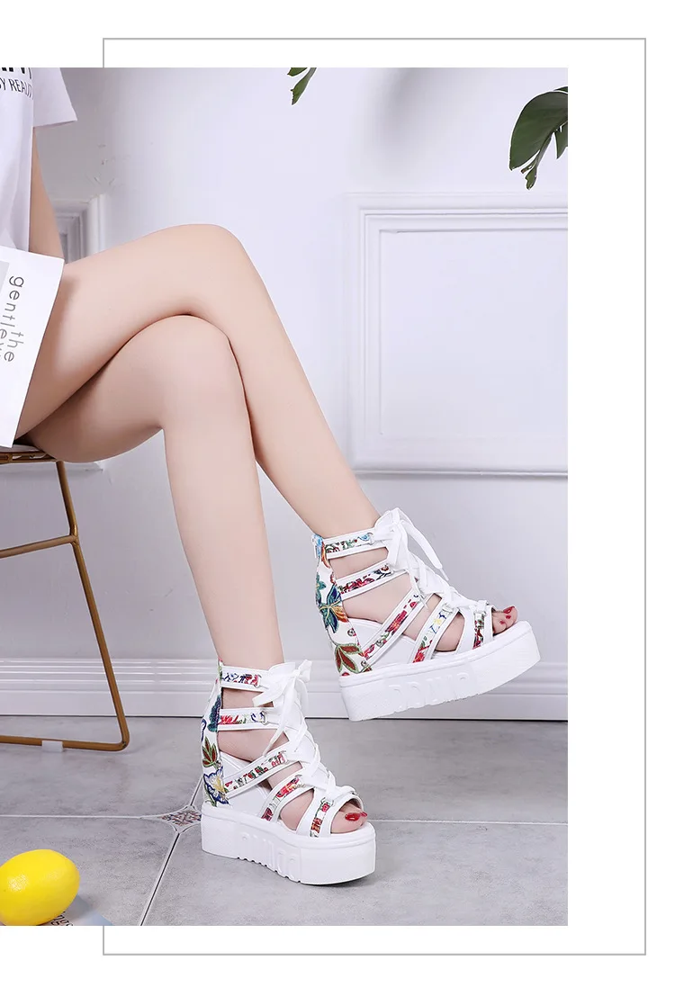 Zhen zhou/; женские босоножки на танкетке; Летняя обувь на высоком каблуке; chaussures femme; Босоножки на платформе; Белая обувь