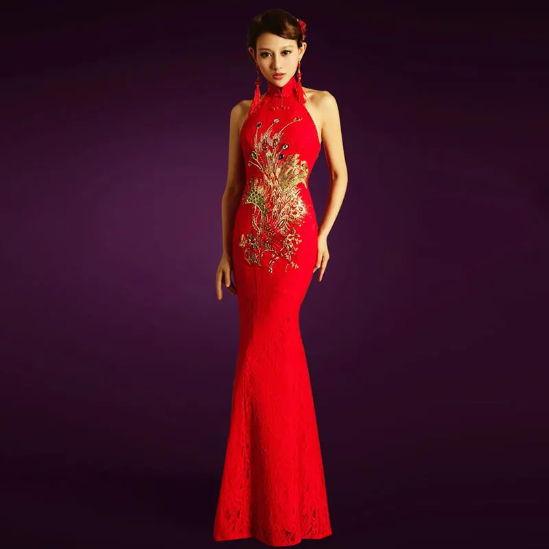 Женское кружевное платье-Ципао с вышивкой Феникс красное свадебное платье