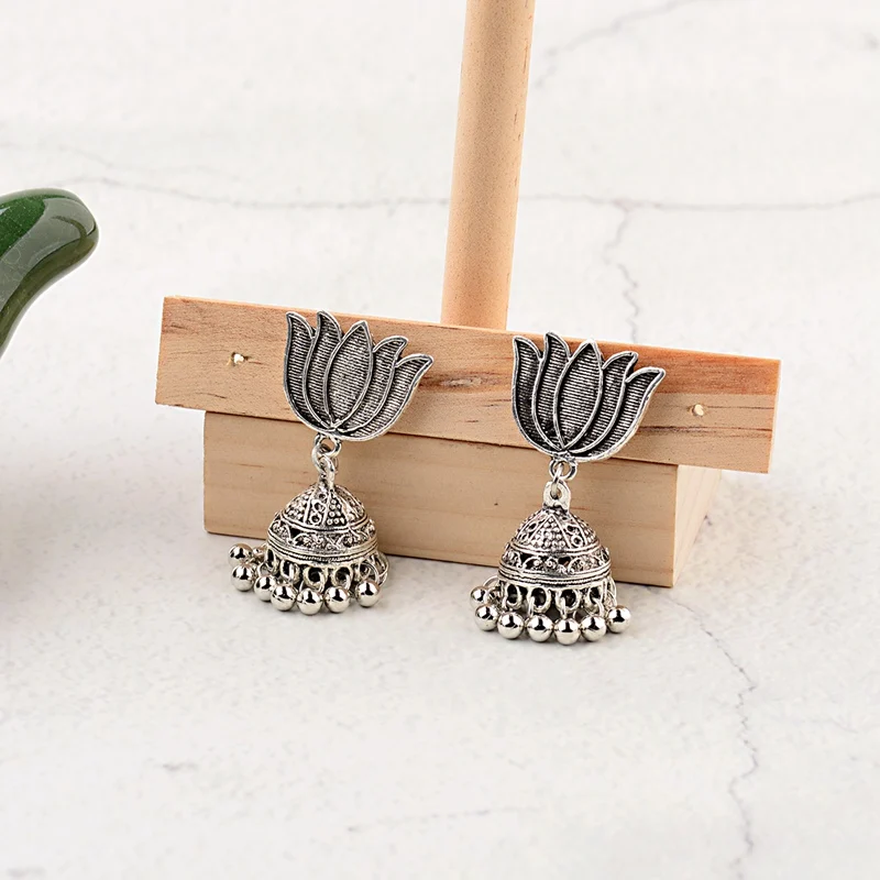 TopHanqi индийские цыганские украшения Jhumka, серебряные, Boho, винтажные Этнические женские серьги, полые Висячие серьги для женщин