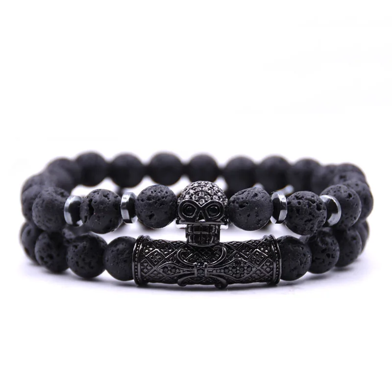 KANGKANG 2Pcs/Set 2019 5 color 8mm stone Bracelet Pave CZ black skull Bracelets for Men&ampWomen Jewelry Creative gift | Украшения и