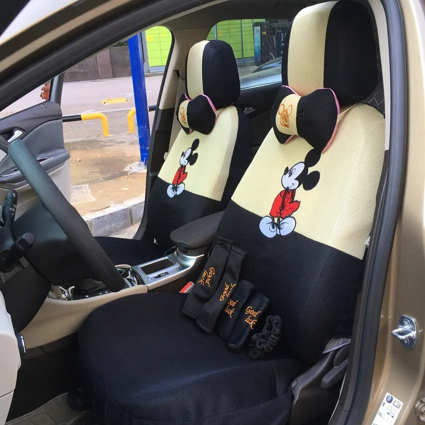 beige 17 шт. универсальные чехлы для сидений автомобиля с рисунком Микки Мауса, чехлы для сидений автомобиля, аксессуары для интерьера автомобиля, сетчатые Защитные чехлы для сидений автомобиля - Название цвета: beige