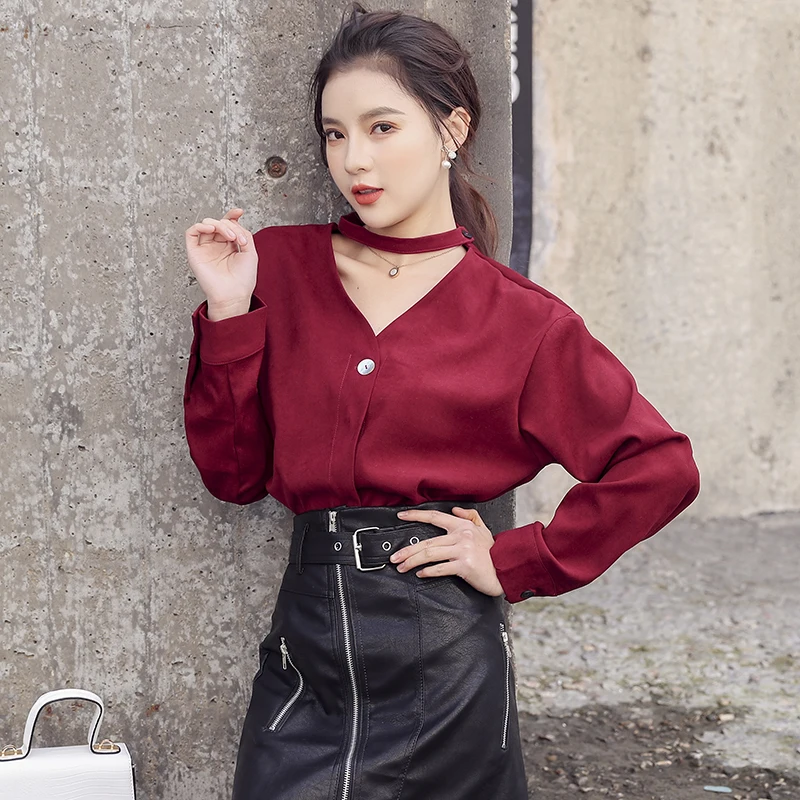 2019 Spring Blouses Women Long Sleeve Shirts Female Fashion Office Lady OL Elegant Womens Tops and Black Red | Женская одежда