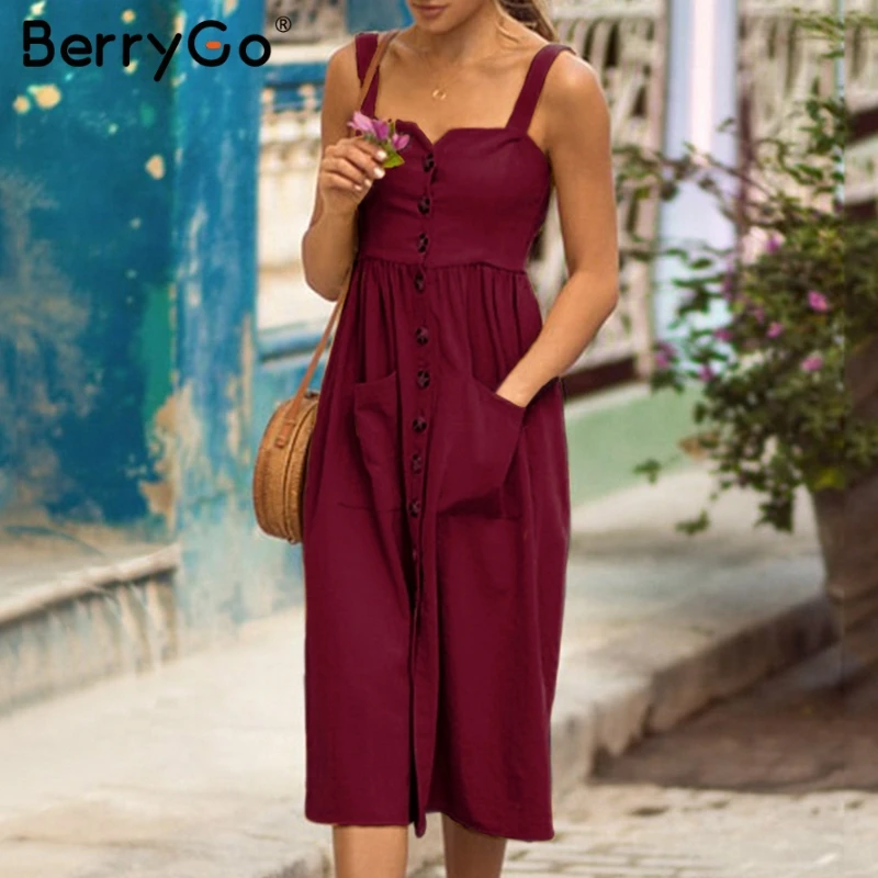 BerryGo Boho платья женское платье Кнопка миди плюс размер сплошной летний пляжный