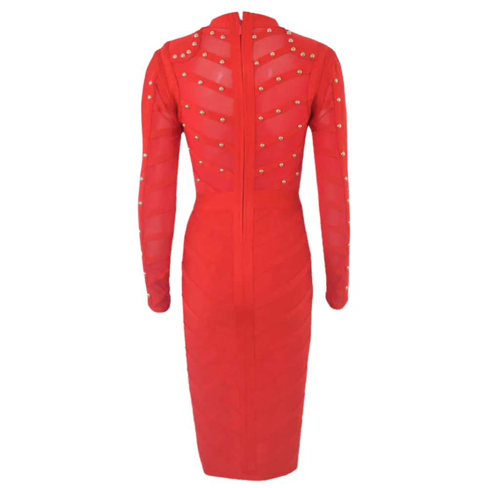 red 2020 new fashion sexy lady nail beaded mesh long sleeve knee length autumn winter bodycon party bandage dress | Женская одежда