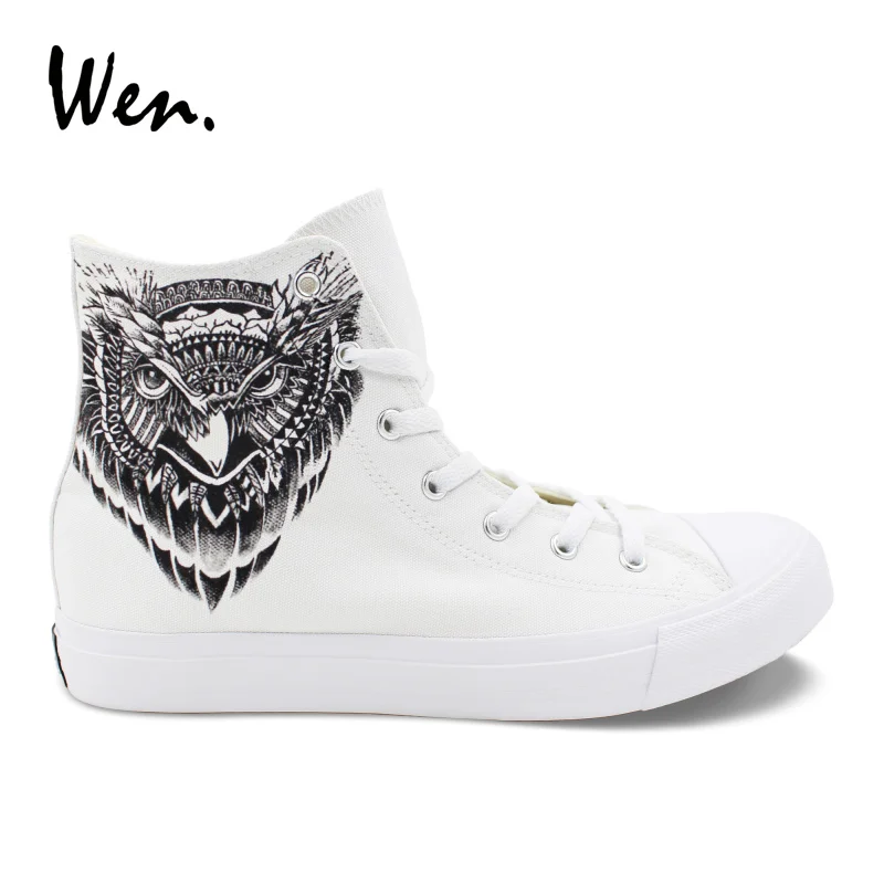

Wen Totem Owl Shoes Hand Painted White Canvas Sneakers Men Women High to Help Lacing Flat Vulcanized Shoe Big Size Plimsolls