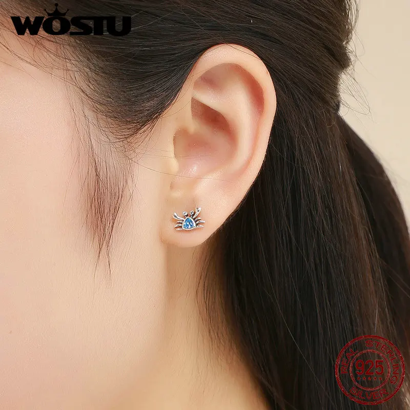 Женские серьги гвоздики WOSTU очаровательный Краб из чистого серебра 925 пробы с