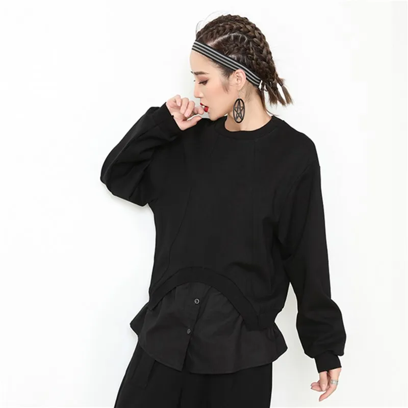 Женская Винтажная Футболка составного кроя черная Свободная Повседневная