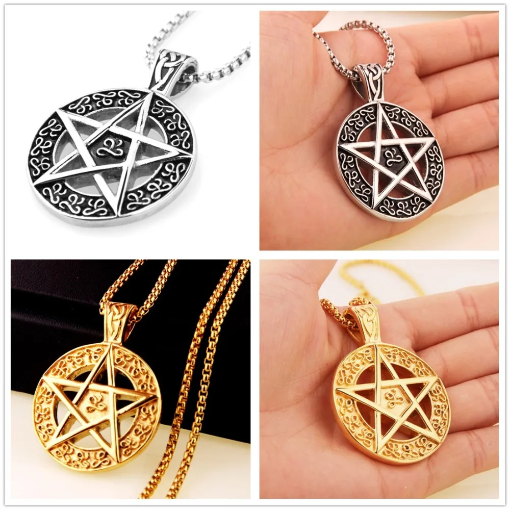 

High Quality Stainless Steel Silver Color Gold Round Pentagram Five Star Hollow Biker Jewelry Mens Pendant Necklace Box Chain24"