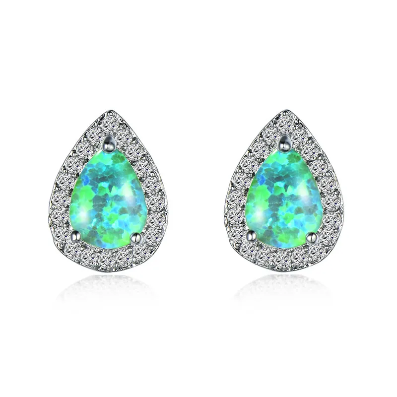 Silver Green Opal Серьги-гвоздики с австрийскими кристаллами в форме груши для женщин, 925 серебро, розовое золото, заполненные радугой, белые, синие, зеленые серьги с огненным опалом для женщин - Окраска металла: Silver Green Opal