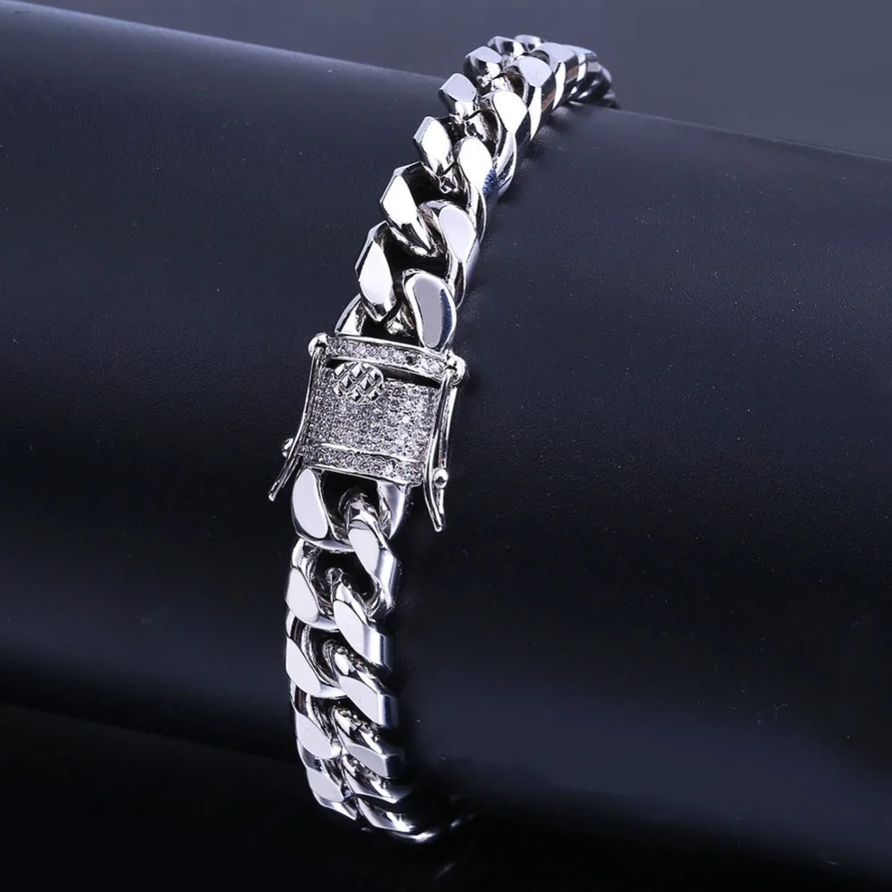

10mm Miami Curb Cuban Chain Bracelet For Men Hip Hop Heavy Rock Bling Iced Out Paved Rhinestones CZ Rapper Bracelets Jewelry