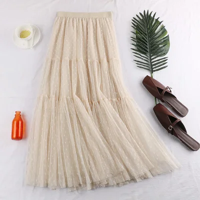 Apricot Лето длинный Плиссированные женские юбки в стиле casual с пышной юбкой Высокая Талия Elascity летняя стильная юбка вечерние юбки уличная Jupe Femme Saias - Цвет: Apricot