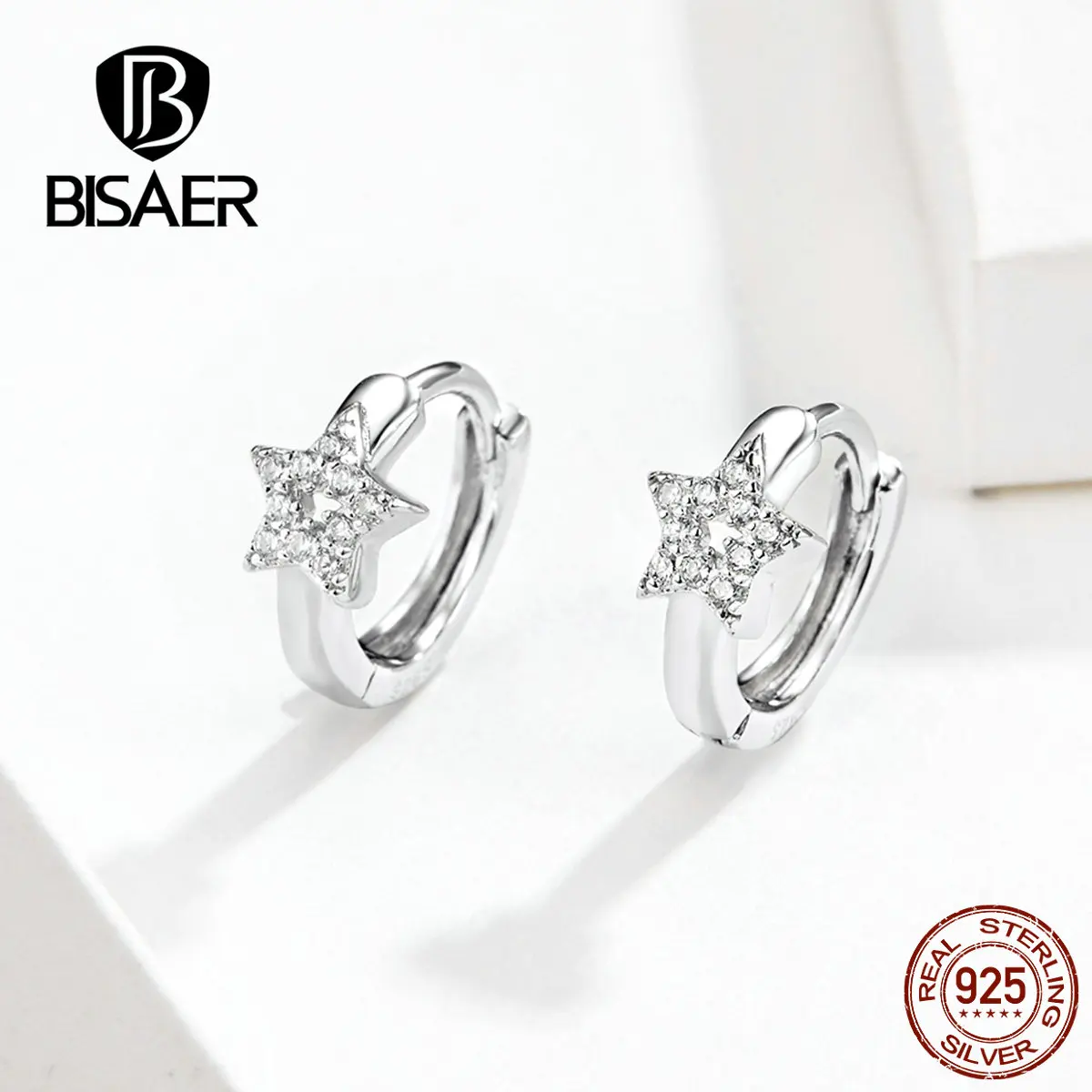BISAER, серьги со звездами, 925 пробы, серебро, прозрачный кубический циркон, звезда, круглые серьги-гвоздики для женщин, Стерлинговое Серебро, ювелирное изделие EFE172