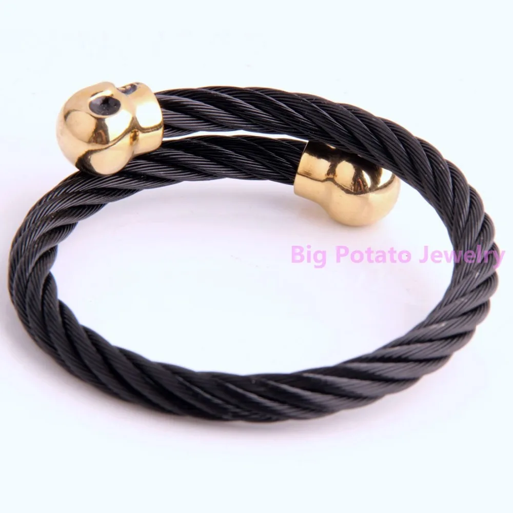 Top Hot Sell 316L Stainless Steel Black Wire Gold Skull Bracelet Bangle 55mm Inner 6mm Width Cool Mens Wrist Jewelry Low Price | Украшения