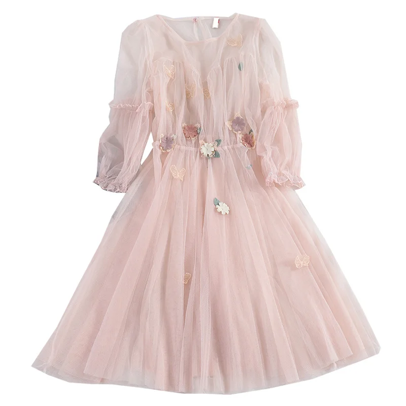 Neploe/весеннее милое платье для девочек, приталенное платье, Vestido+ Camis, 2 предмета, г., вышивка, Бабочка, круглый вырез, рукав-фонарик, сетка, Jupe 43016