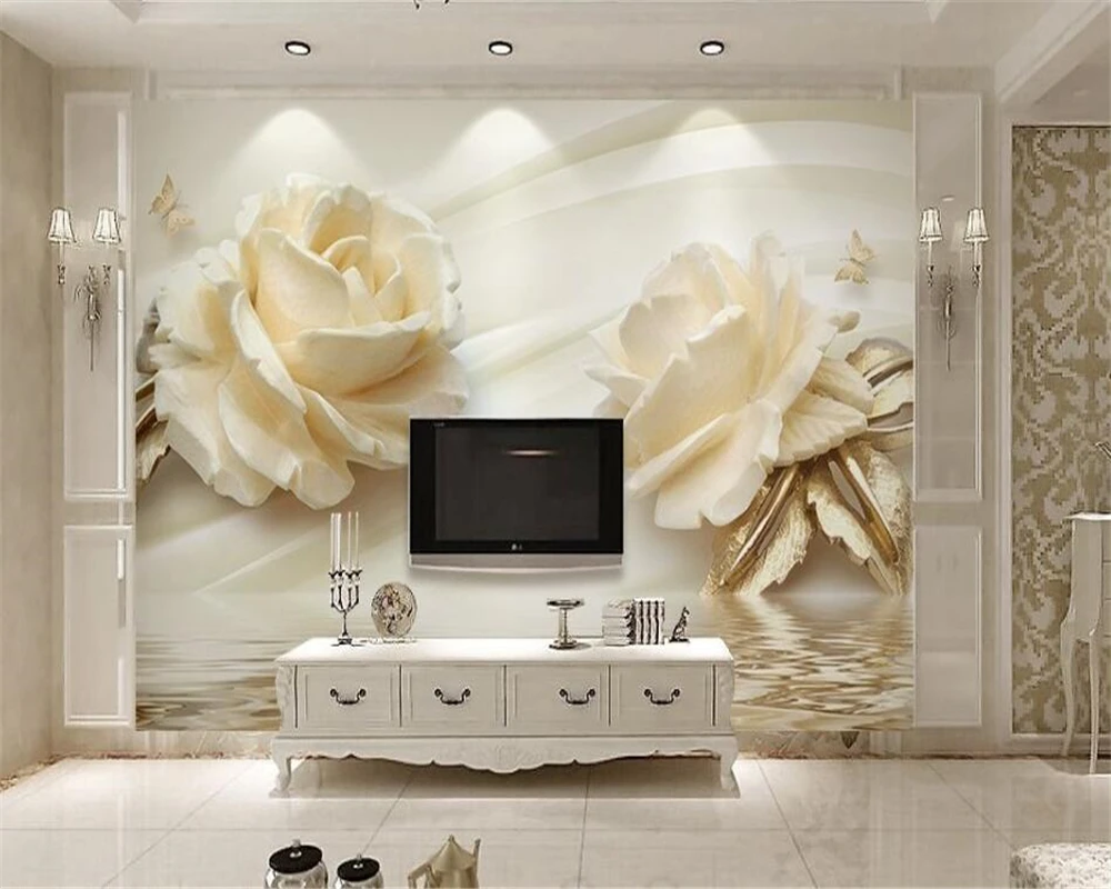 

Beibehang Customize any size 3D wallpaper 3d stereo champagne rose water wave reflection TV background wallpaper for walls 3 d