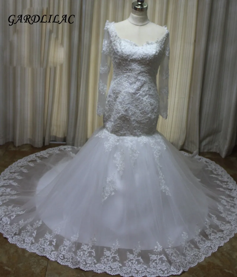 2019 100% Real Mermaid Lace Long Sleeve Wedding Dresses Tull Appliques Bridal Gown Vestido De Noiva Robe De Mariage new 2019 illusion cheap mermaid wedding dresses with appliques robe de mariage scoop satin vestido de noiva bridal gowns mariage