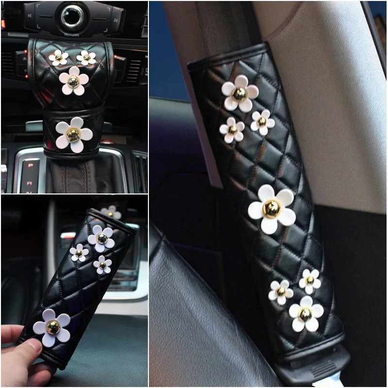 Cute Daisy Flower Car Interior Accessories - Leather Steering Wheel Cover, Hand Brake Shifter Gear Cover, Seatbelt Covers image 2