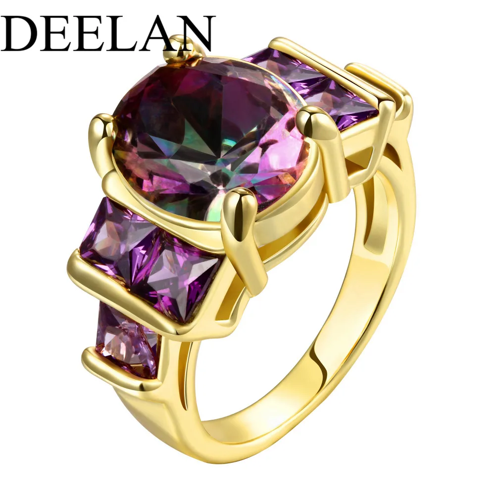 Anniversary Wedding Jewelry Fashion Colorful Rainbow Big Oval Zircon Stone Crystal Rings For Women Rose Gold color Bijoux Gifts | Украшения