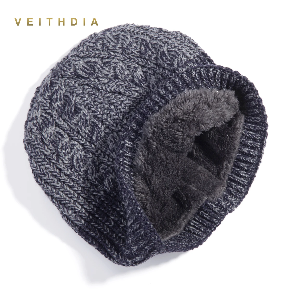 Зимние мужские шапки VEITHDIA вязаные шерстяные однотонные двухслойные сохраняющие