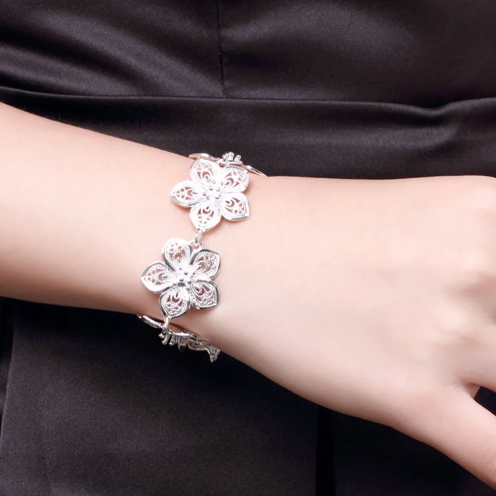 

925 Sterling Silver Bracelet Chain Snake For Women Flower Bracelet Simple Flower Lobster Clasp Bracelet Women Hand Accessories