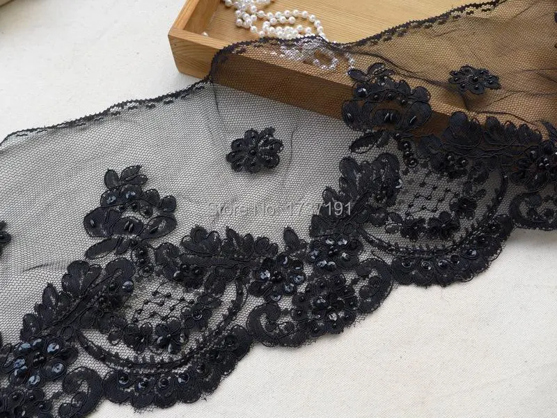 Черная кружевная отделка 5 ярдов с бусинами Alencon для свадьбы вуали поясом ткань |