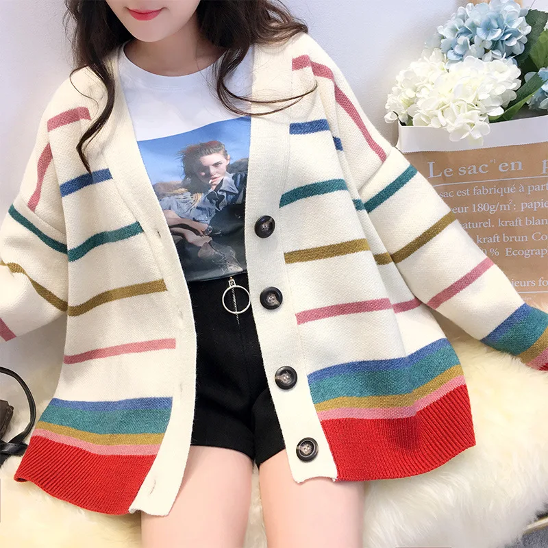 Cardigan Coat Autumn Sweater Knitted Casual Coats Female Print Striped Cardigans For Ladies Loose Women |