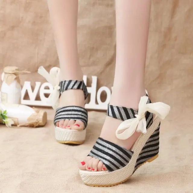 Летние Полосатые Повседневная толстая подошва Бабочка Луки рыбий рот женские