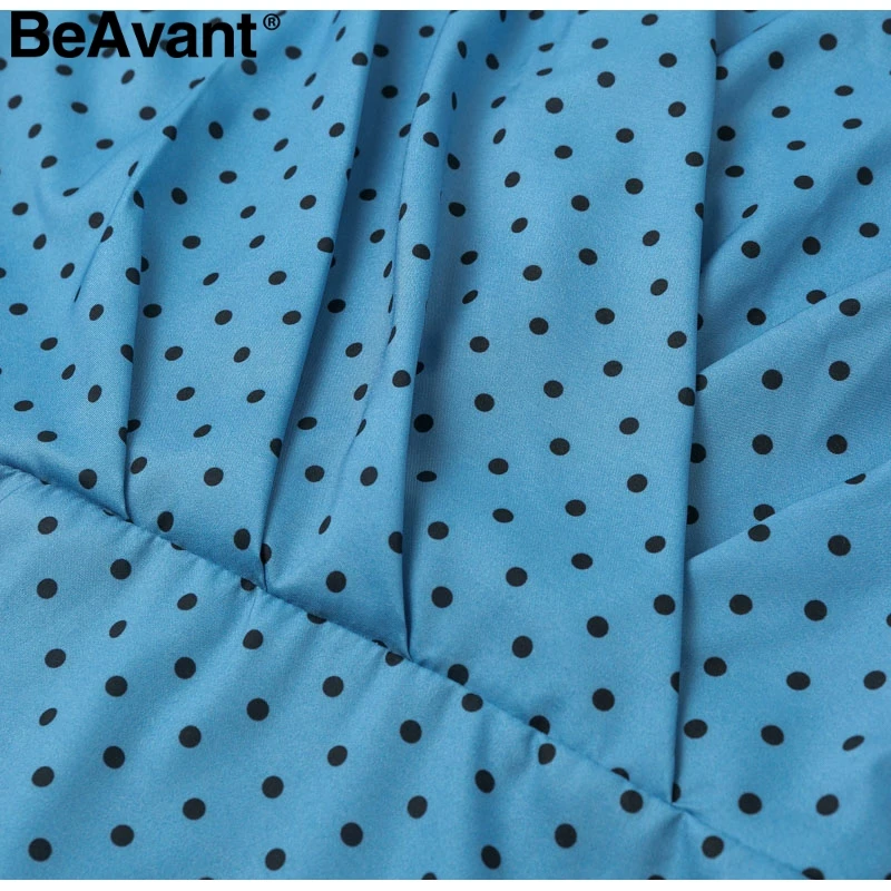 BeAvant Сексуальное Женское Платье с v-образным вырезом элегантный в горошек принт фонарь рукав женское вечернее платье осень тонкое дамское винтажное платье средней длины