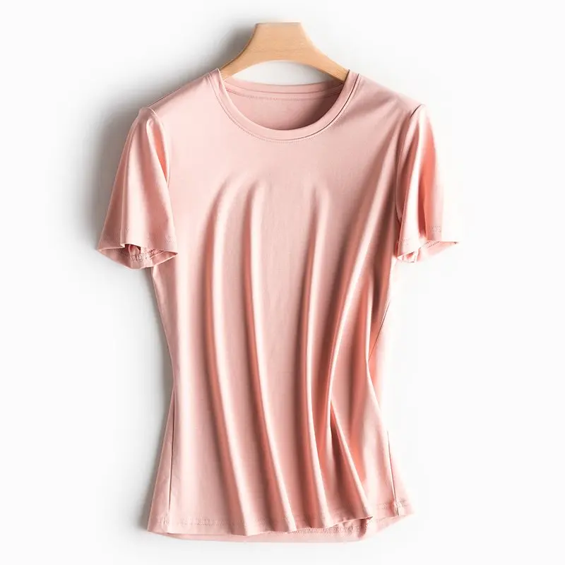 O 9 Coral Pink Высококачественная роскошная женская футболка из мерсеризованного хлопка с круглым вырезом, футболка с коротким рукавом, шелковая на ощупь, летняя одежда для отпуска, v-c - Цвет: O 9 Coral Pink