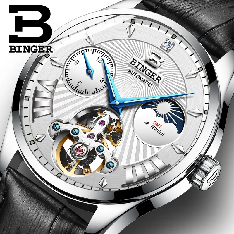 Мужские автоматические часы BINGER Tourbillon модные механические с сапфировым месяцем
