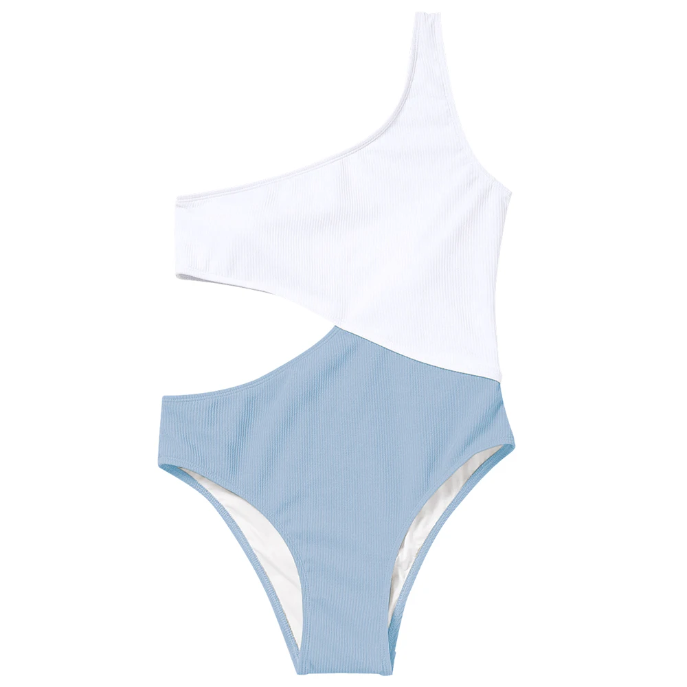 Light Blue ZAFUL, купальник в рубчик, два тона, на одно плечо, купальник с вырезами, купальник для женщин, на подкладке в стиле пэчворк, спортивная одежда, сексуальный купальник - Цвет: Light Blue
