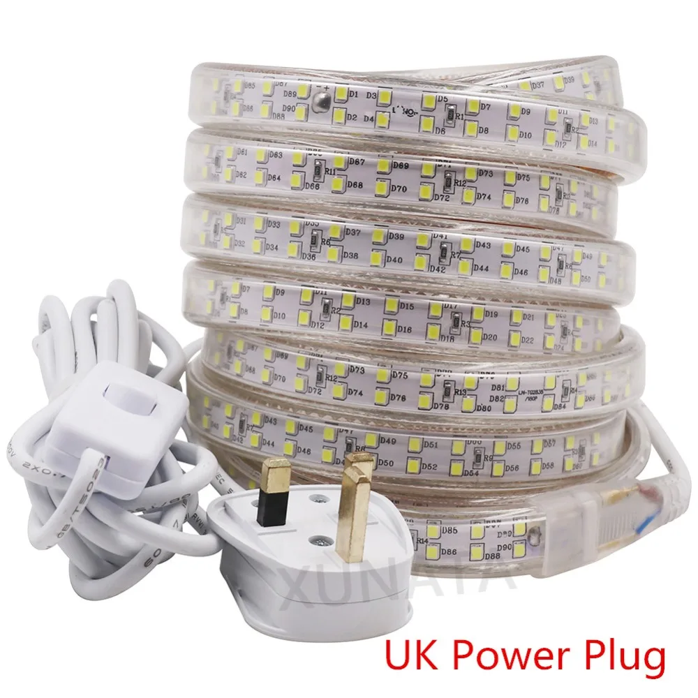 

SMD 2835 Double Row 3m On/off Switch EU/UK Plug 220V 180leds/m Flexible Waterproof White/Warm White Led Tape LED Strip Light