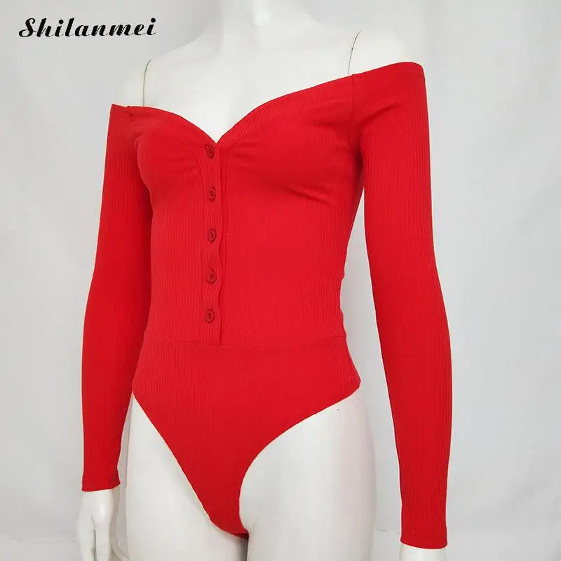

Off Shoulder Strapless Skinny Women Bodysuits V-Neck Long Sleeve Button Sexy Romper Women Autumn Winter Bodysuit Jumpsuit