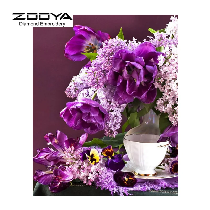 

5D DIY Diamond Painting Flower Diamond Painting Cross Stitch Romantic Purple Flowers &Cup Needlework Home Decorative BJ1201