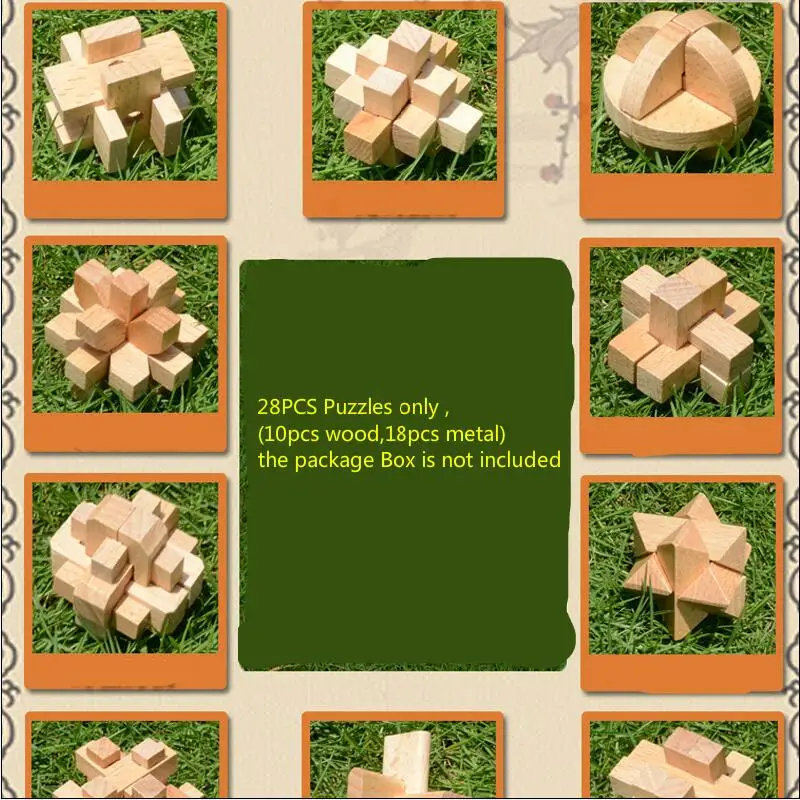 Набор из 28 деревянных и металлических головоломок CD игрушки классический IQ 3D сложенный Burr Mind Brain Teaser игрушка Маленький размер.