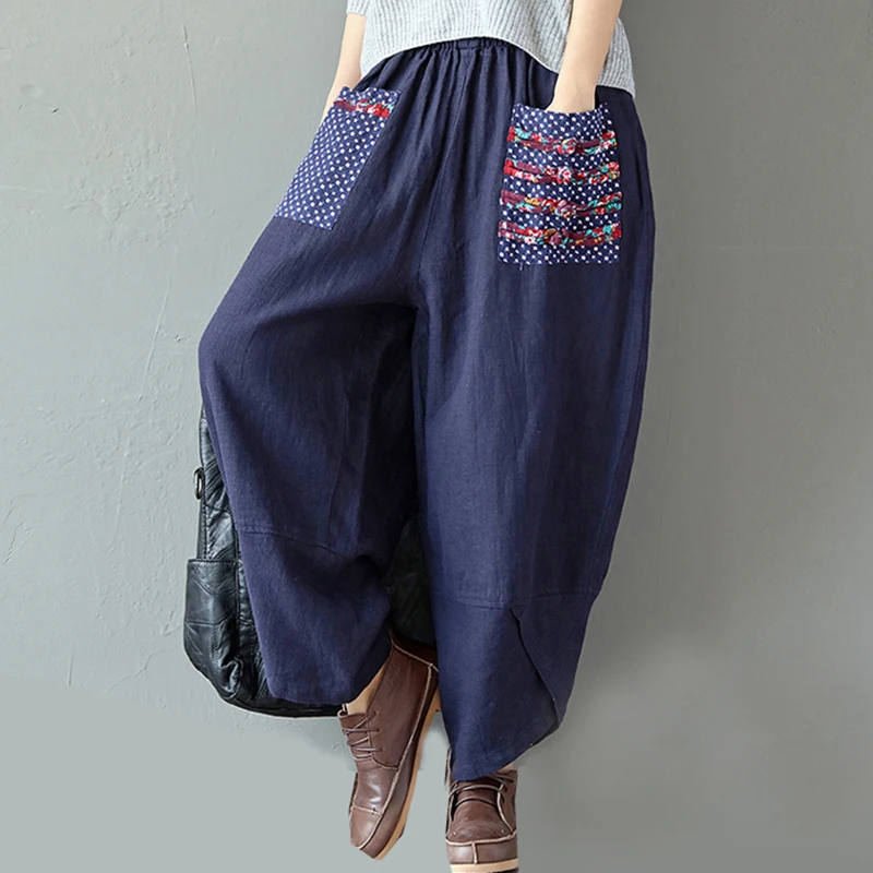 

Woman spring summer Trousers Cotton Linen Loose Trousers Wide Leg Pants Elastic Waist Vintage Womens Casual Harem Pants QH1345