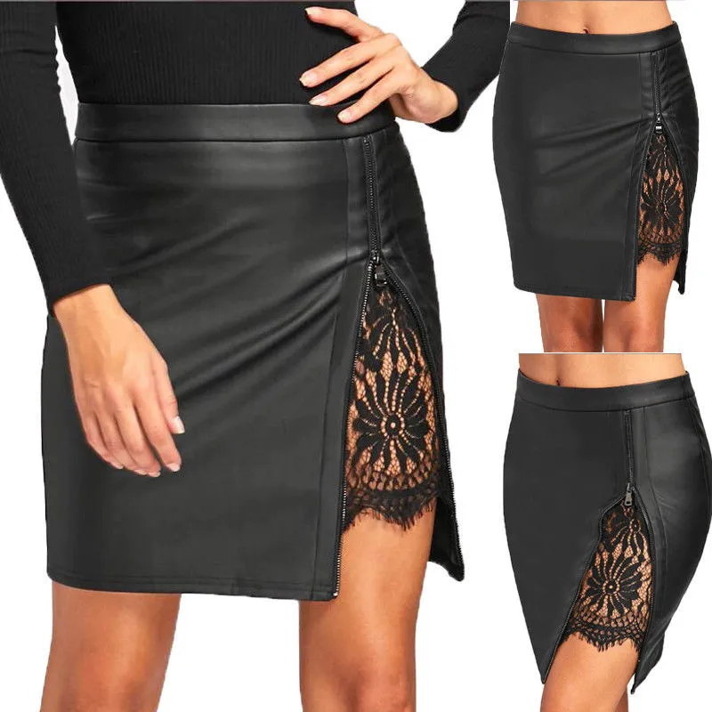 

Sexy New Arrival 2019 Pencil PU Leather Pencil Skirts Women Fashion Summer Lace Floral Patchwork Skirts High Waist Female Skirts