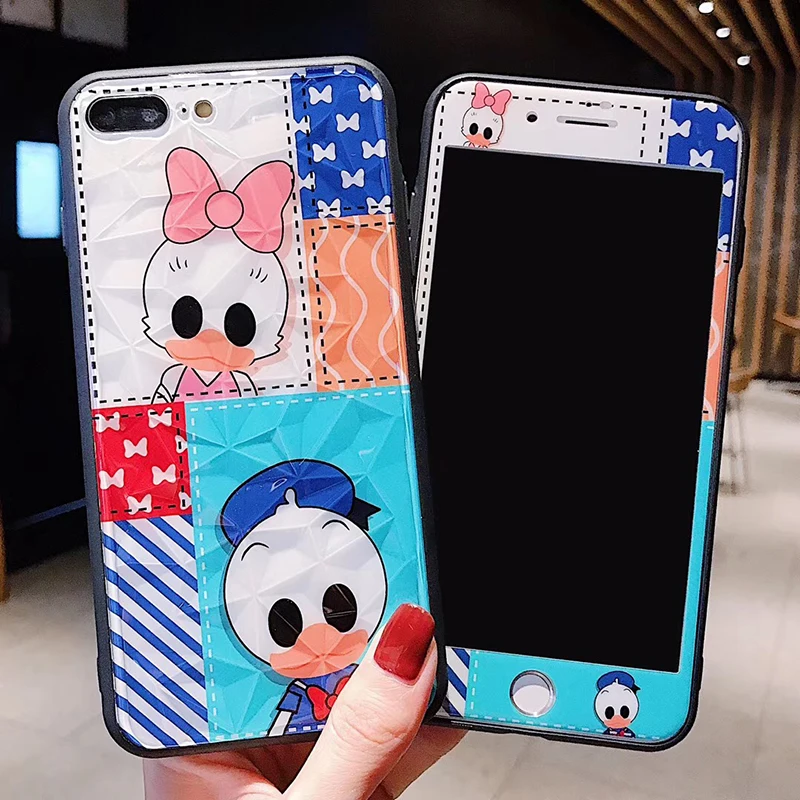 360 Full Cover Mickey Diamond Phone Case + Screen Protector Glass for IPhone X 8 7 6 6S Plus Stitch Anpanman Cute Coque |