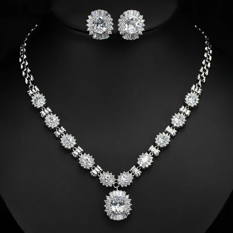 white CWWZircons Блестящий Круглый Висячие капли фиолетовый кристалл свадебное ожерелье и серьги набор Дубай золотой цвет свадебные ювелирные изделия T275 - Окраска металла: white