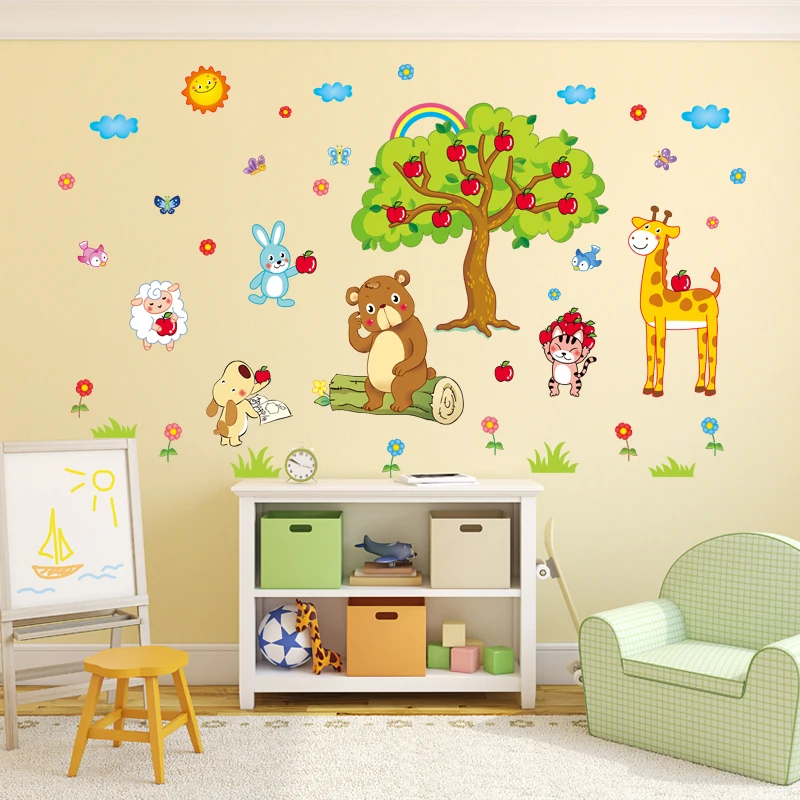 [Fundecor] яблоня, дерево, жираф, мультфильм, животные, зоопарк, настенные наклейки для детской комнаты, детская комната, настенные наклейки, украшение дома, плакат, фреска