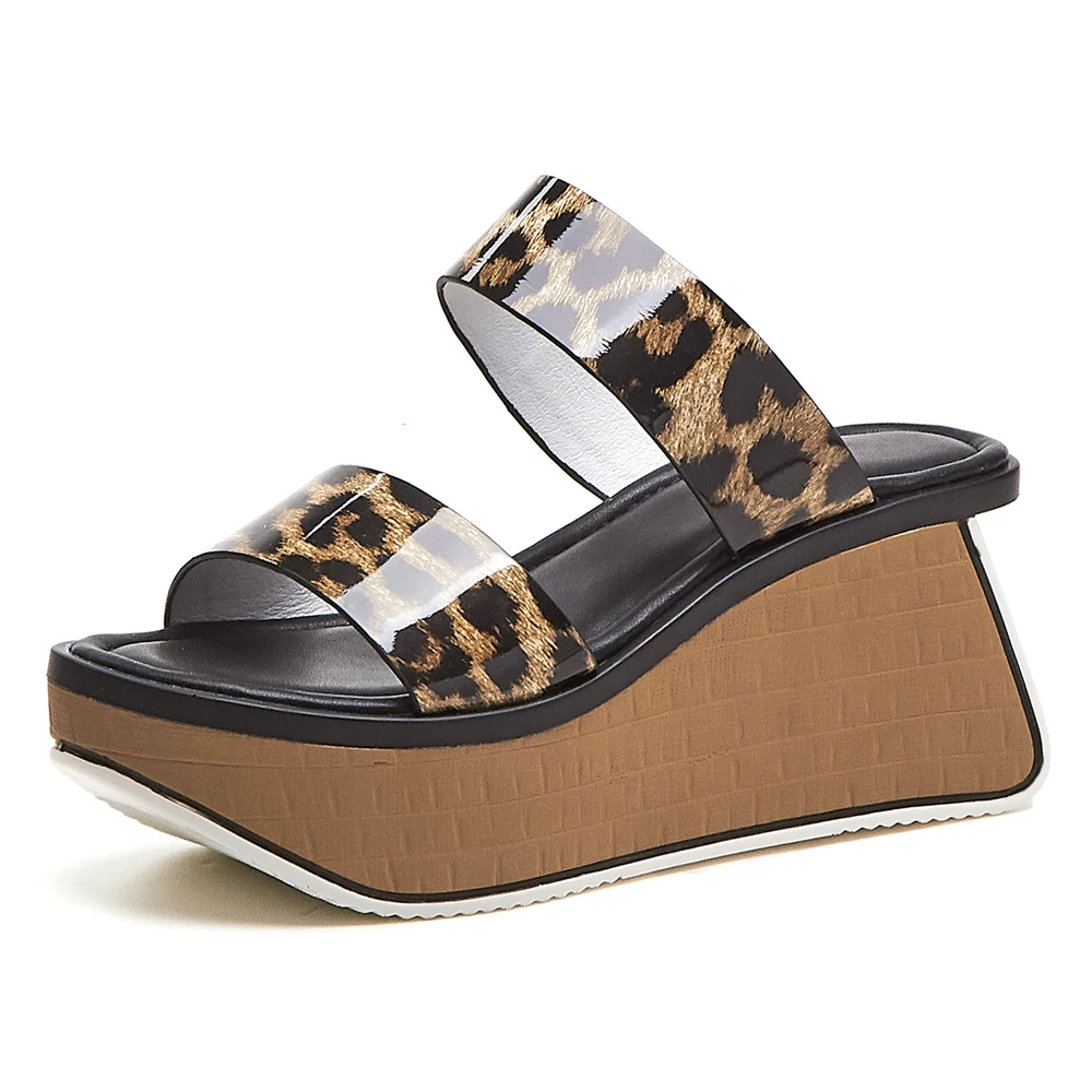 Женские леопардовые шлепанцы Meotina летние сандалии на танкетке из натуральной